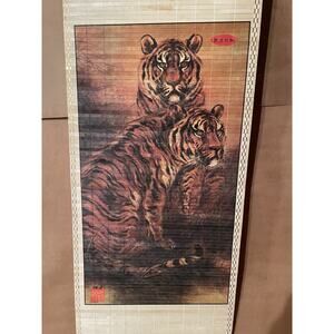 Vintage Bamboo Scroll With Painted TIGERS Wall Hanging 33"x12"